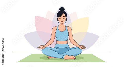 Serene Meditating Woman In Lotus Pose With Subtle Lotus Flower Bloom Illustration