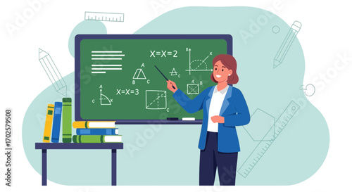 Teacher Explaining Geometry, Equations On Blackboard, Education And Mathematics Concept
