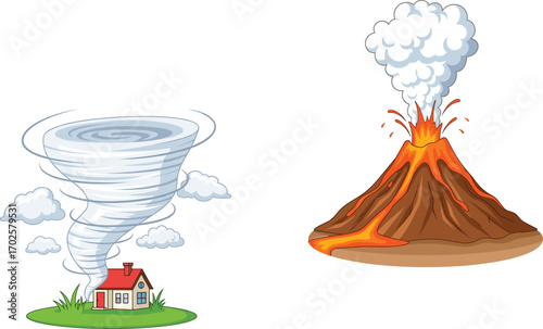 Tornado and volcanic eruption, natural disaster scene, extreme weather and geological event, destruction and danger, educational vector art, CAD drawing flat vector illustration