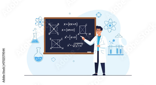 Teacher Explaining Mathematical Equations On The Blackboard In An Illustrated Science Laboratory