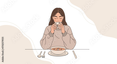 Serene Moment: Illustration Of A Woman Enjoying A Warm Drink During Cozy Mealtime