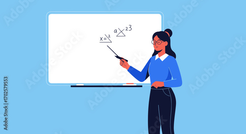 Teacher Explaining Mathematical Formulas With A Pointer On Whiteboard For Education