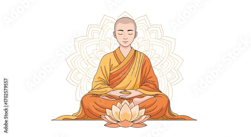 Serene Monk Meditating Intently, With Exquisite Lotus on a Pristine White Background