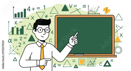 Teacher Explaining Mathematics Concepts On The Blackboard With Vector Graphic Design