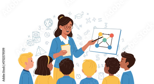 Teacher Explains Academic Concepts To Young Students In Colorful Classroom