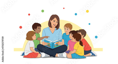 Teacher Reading Book To Group Of Children Sitting Around Her Sharing Story Learning Together