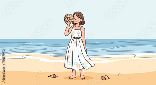 Serene Woman Listening To A Seashell On The Beach Enjoying Beach Vacation Moment