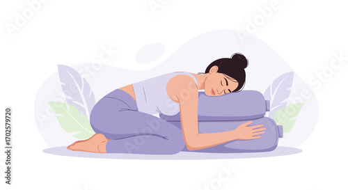 Serene Woman Resting Face Down on Pillows, Peaceful Illustration of Calmness and Wellbeing