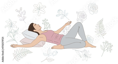 Serene Woman Relaxing Amidst Floral Flourishes and Gentle Tranquility