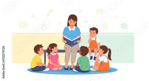 Teacher Reading To Children In A Classroom, Elementary Education Concept Illustration