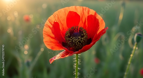 Red Poppy Flower in Green Field.
