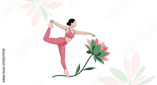 Serene Yoga Practice with Elegant Pose Surrounded By Flowery Lotus Blossom Illustration