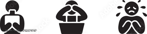 Vector icon set illustrating mental health issues. Black pictograms showing despair, panic attacks, and work-related stress on a white background.
