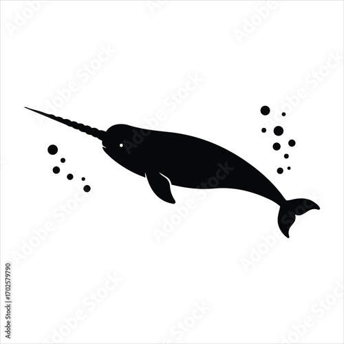 Mysterious narwhal silhouette with bubbles underwater sea creature iconic marine mammal aquatic icon