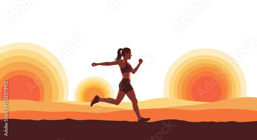 Silhouette of a Woman Jogging Against a Sunrise Background in an Artistic Design