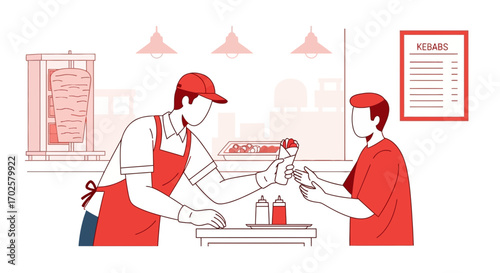 Shopkeeper Presenting A Wrapped Meal To A Customer At The Kebab Restaurant