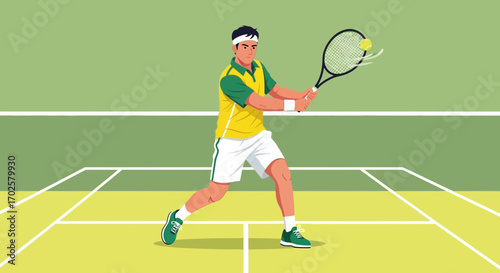Tennis Player Hitting Ball With Racket On Green Court Action Illustration