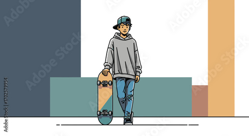 Skateboarder Depicted Standing Calmly With Board In Colorful Fashionable Scene