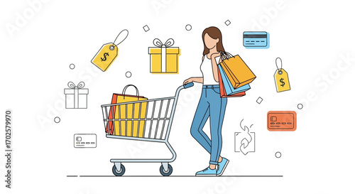 Shopper With Shopping Cart, Gift Boxes, Price Tags And Credit Cards, Colorful Graphic Style