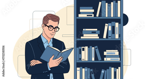 Thoughtful Person Reading Book in Front of a Large Bookshelf, Surrounded by Books.
