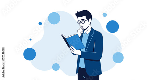Thoughtful Reader: Contemplating Conceptual Ideas While Perusing Book Pages Vector Illustration