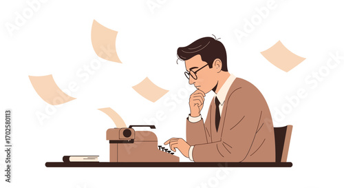 Thoughtful Man Composing On A Vintage Typewriter, Concentrating On His Craft