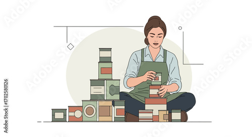 Thoughtful Woman Arranging Canned Goods in Organized Stacks in a Simple Illustration