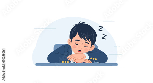 Tired Businessman Sleeping at Desk, Exhaustion And Overwork Conceptual Illustration