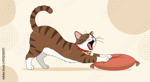Tired Feline Awakening: A Cartoon Cat Yawns While Stretching on A Pillow