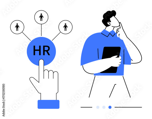Hand pointing to HR circle connected to avatars, man holding clipboard thinking. Ideal for HR services, recruitment, strategy, workforce planning, decision-making, career, simple landing page