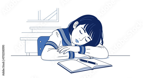 Tired Student Napping At Desk Over Open Book With Pen Showing Exhaustion