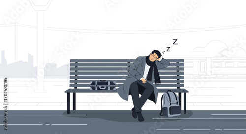Tired Traveler Sleeps at a Train Station, Resting on a Bench, After A Long Journey