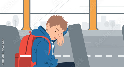 Tired Teenager Napping Comfortably On Public Transportation, Commuting To Destination