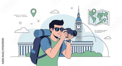 Traveler Photographing Big Ben: Capturing London Landmarks in a Vector Illustration