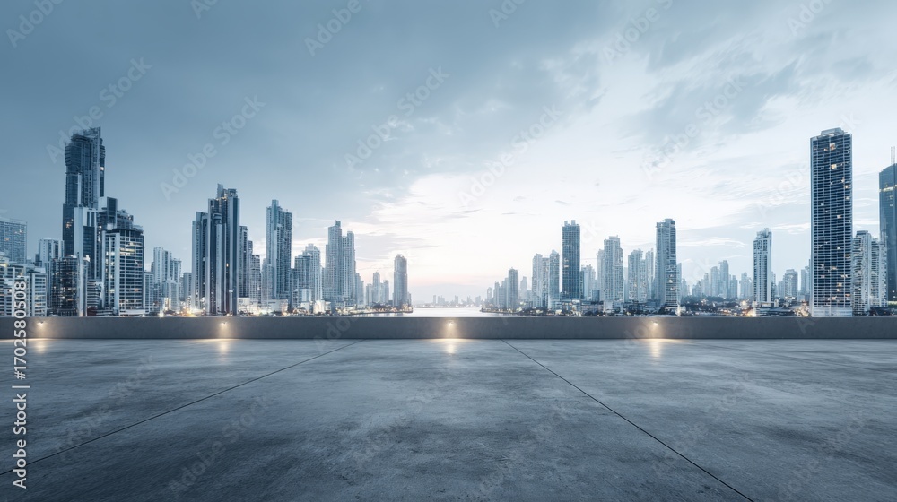Fototapeta premium Modern Cityscape Skyline Panorama at Twilight with Empty Concrete Floor for Product Placement