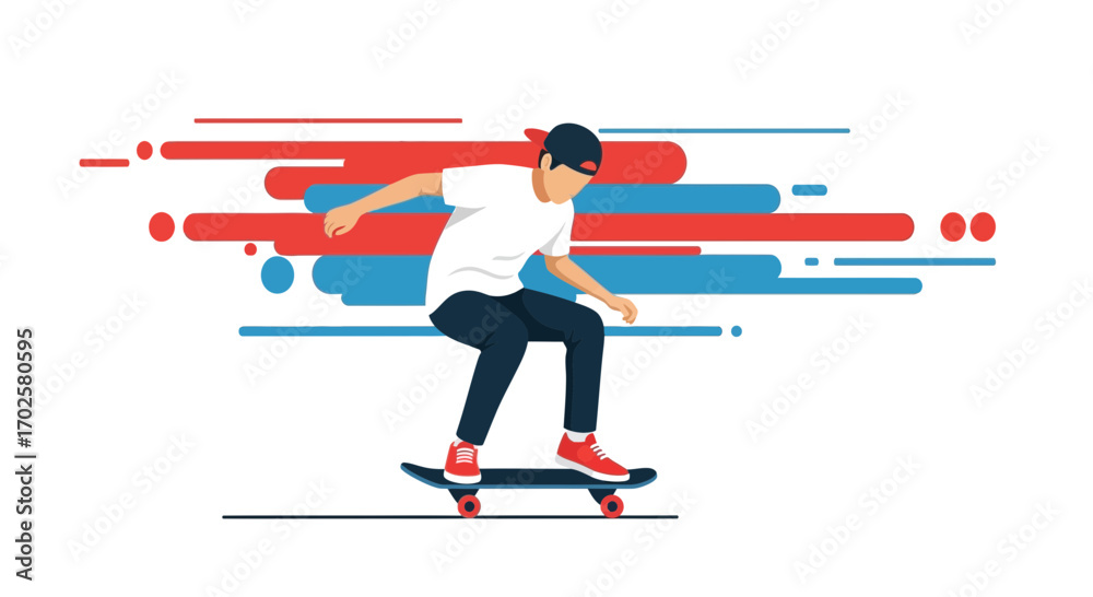Fototapeta premium Skateboarder Maneuvering Effortlessly With Dynamic Graphic Elements Around Him