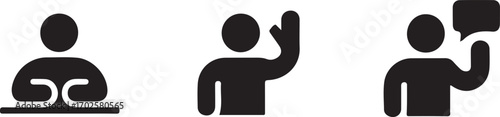 A collection of universal person pictograms representing various communication actions like listening, raising a hand to ask a question, and speaking.