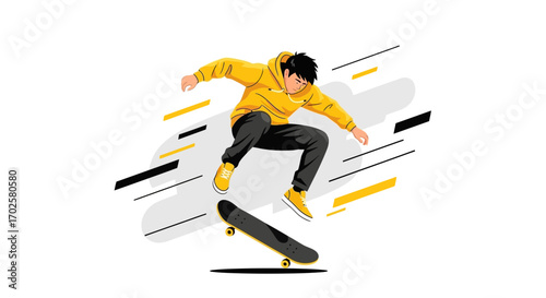 Skateboarder Executing Aerial Trick in Vibrant Illustrated Graphic Design