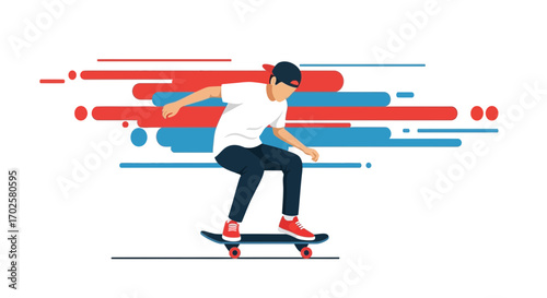 Skateboarder Maneuvering Effortlessly With Dynamic Graphic Elements Around Him