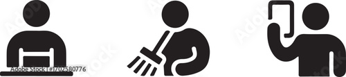 Set of stylized icons depicting individuals engaged in various activities working, cleaning, and using a device.