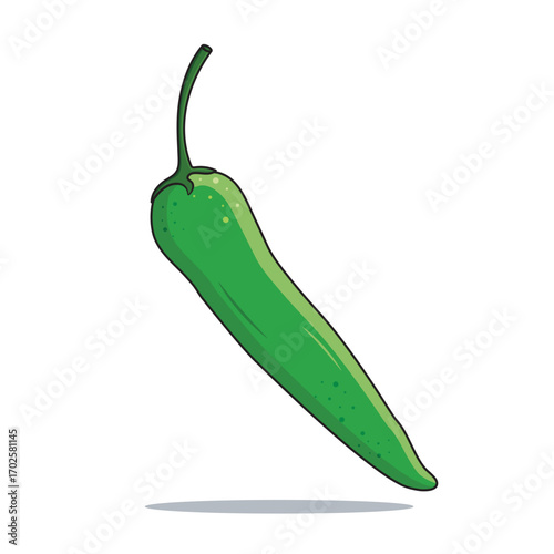 Fresh Green Chilli Pepper Isolated On White Background, Vector Illustration