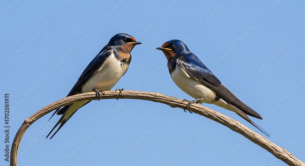 Fototapeta premium Two Barn Swallows Perched on a Branch Against a Clear Blue Sky.