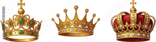Royal crowns collection, gold and gemstone diadems, ornate ceremonial headwear, luxury monarchy symbols, vintage regal accessories, detailed vector art, CAD drawing flat vector illustration