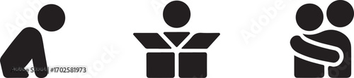 Human gestures vector icons bowing, gift-giving, and hugging. Minimalist graphics symbolizing respect, generosity, and affection for social and emotional communication.