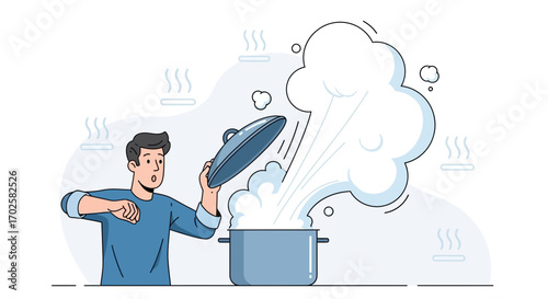 Unexpected Boiling Pot: Illustration Of Someone Astonished By Steam Eruption From Cooking