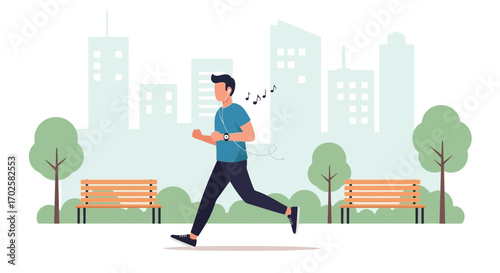 Urban Runner Enjoying Music in a City Park with Skyscrapers in the Background