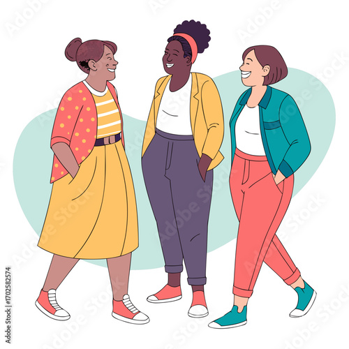 Group of plus size friends of different ethnicities smiling together.
