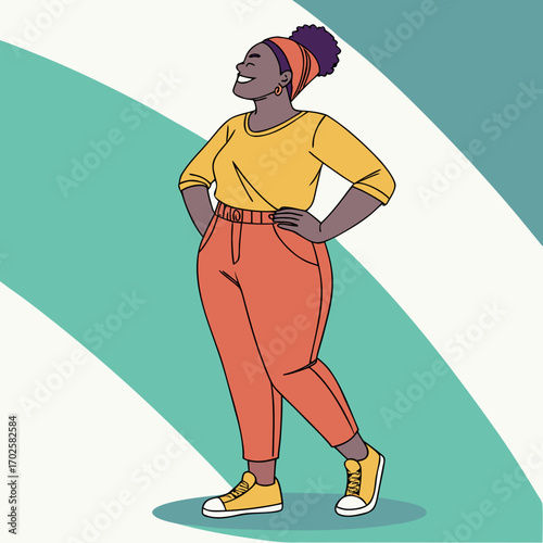 Confident plus size woman standing with hands on hips, open smile.
