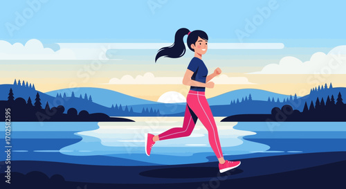 Woman Running By Lake At Sunset Illustrating Fitness And Active Lifestyle