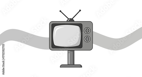 Vintage Television Set Illustration With Simple Lines And An Abstract Grey Shape